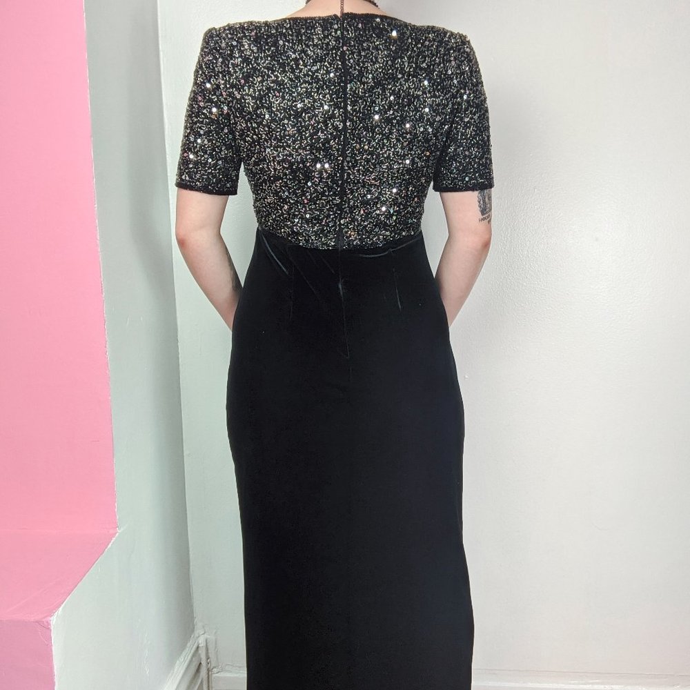 Vintage 90s Beaded Black Velvet Formal Maxi Dress - Picture 4 of 6